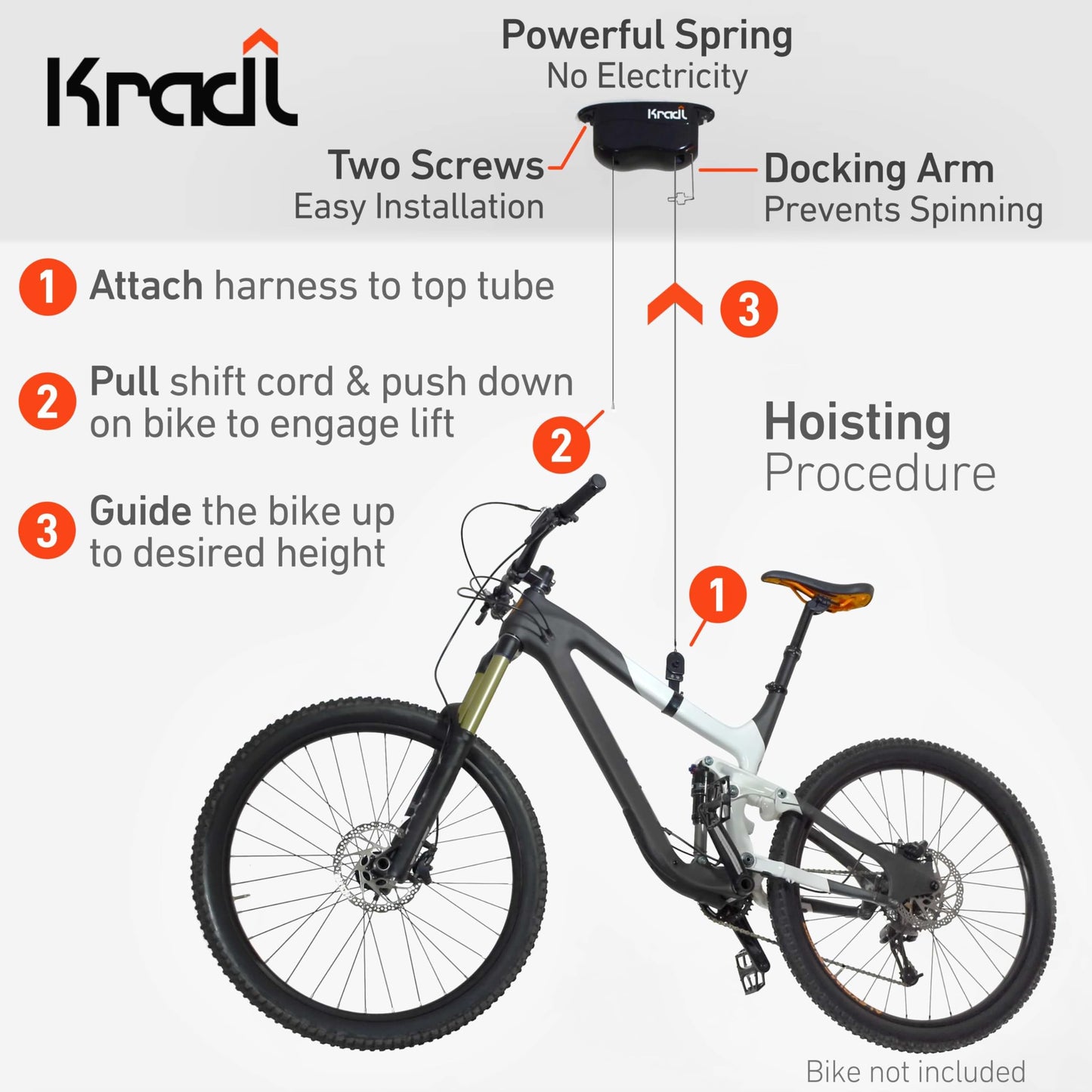 Kradl 2-Pack (40 Pound / 40 Pound). Ceiling Mount Bike Lift and Rack. Bicycle Storage Hoist Without Electricity, Clumsy Ropes or Pulleys.