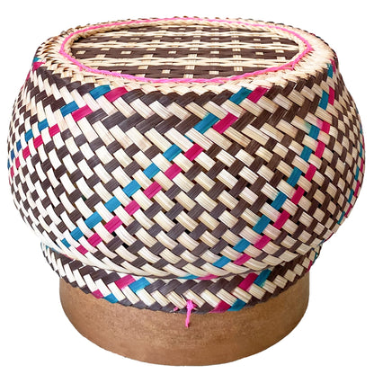 Bamboo Sticky Rice Serving Basket Thai Kratip Container 100% Handmade Traditional Village Handicrafts with Vegetable Plant Based Dye Coloring Shades Food Safe
