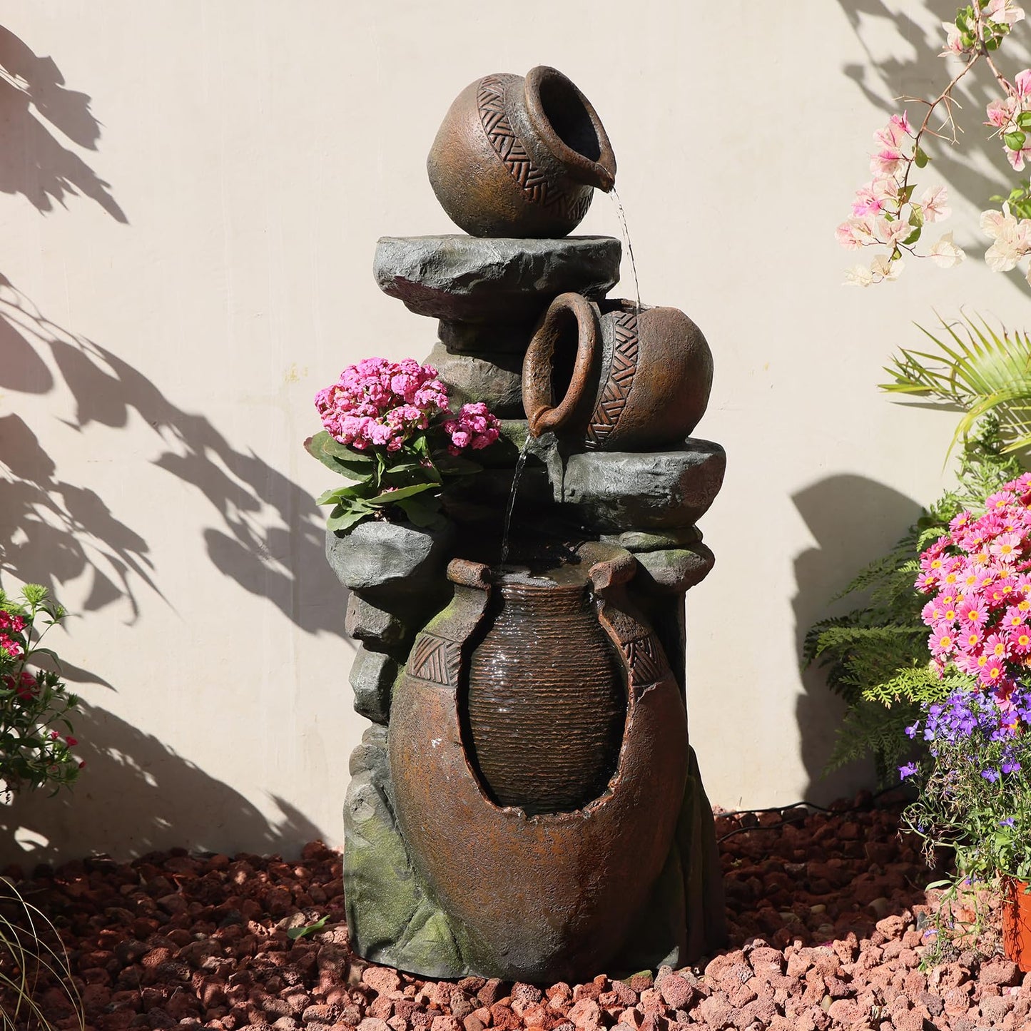 Bumilgar 38.4" H Garden Water Fountain, 3-Tier Cascading Water Features with LED Light, Faux Terracotta Jar Design for Patio, Backyard, Deck, Porch, and Home Art Décor, Brown