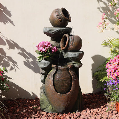 Bumilgar 38.4" H Garden Water Fountain, 3-Tier Cascading Water Features with LED Light, Faux Terracotta Jar Design for Patio, Backyard, Deck, Porch, and Home Art Décor, Brown