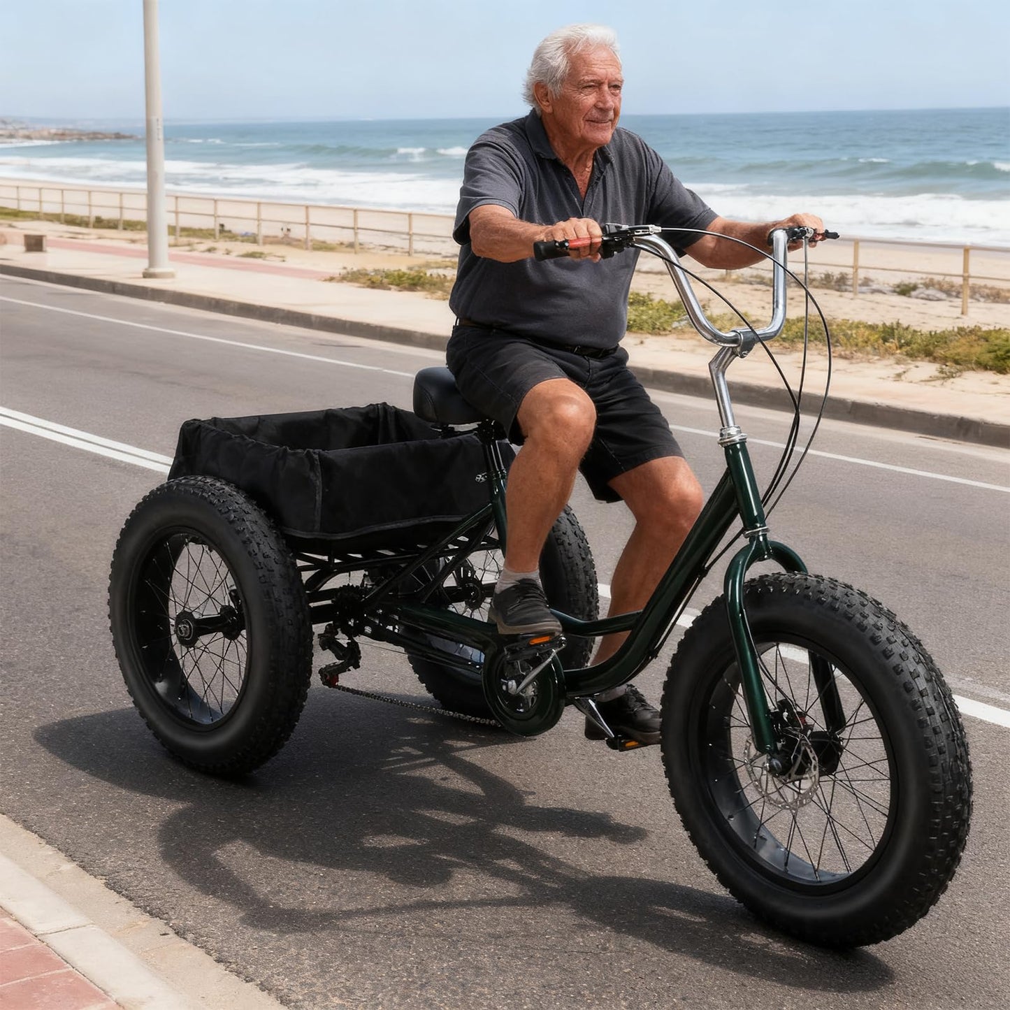 Masiunoz Fat Tire Tricycle for Adults with 450 lbs Capacity, 7-Speed, 20" x 4" Fat Tires, Double Disc Brake and Large Rear Basket for Commuting, Shopping, Camping,Adults Tricycle
