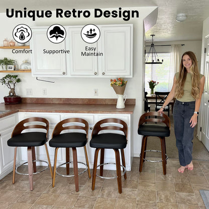 Bar Stools Set of 2, Swivel Bar Stools with Walnut Craftsmanship, Bentwood Curved Back, Upholstered Faux Leather, Soft Cushion Seat, Mid Century BarStools for Bar/Pub/Cafe (Black, 30" Seat Height)