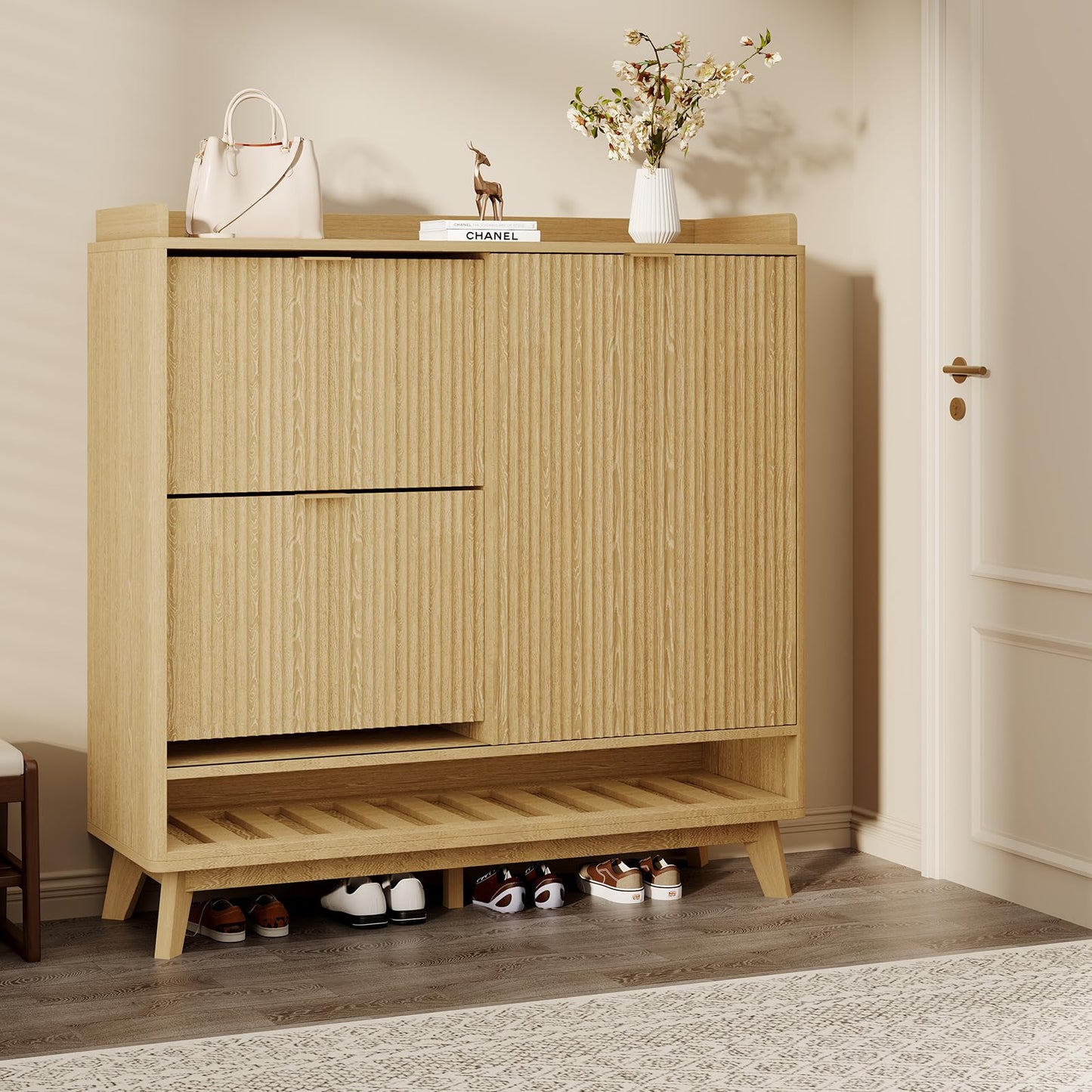 IDEALHOUSE Fluted Shoe Cabinet Storage with 2 Flip Drawers & Sliding Door & Adjustable Shelf Rack，Freestanding Wood Narrow Hidden Shoe Organizer for Entryway, Hallway, Living Room