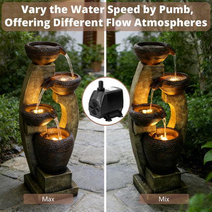 Naturefalls 40" Tall Outdoor Water Fountain and Waterfalls - Large Garden Fountain with LED Lights, 4-Tier Crocks, Indoor and Outdoor Fountains for Garden, Patio, Deck, Porch, Backyard and Home, Gray