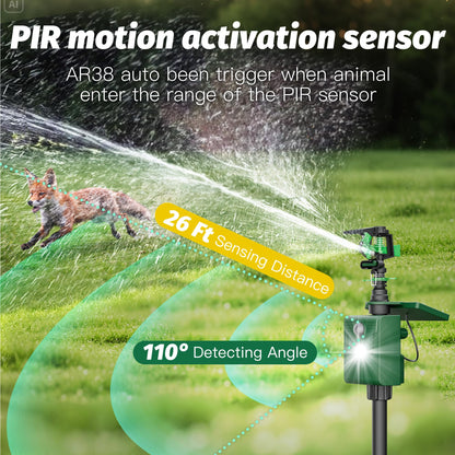 2 Pack Motion Activated Animal Repeller with Water Sprinkler and Flashing Light, Solar Powerd Deer Cat Repellent Outdoor Deterrent - Keep Rabbits Shunks Dog Raccoons Birds Away from Lawn and Garden
