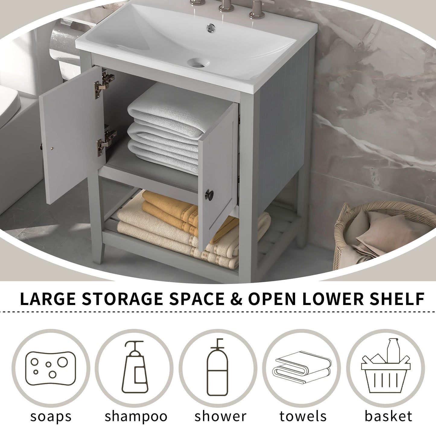 Merax Grey Bathroom Vanity and Sink Combo 24 inch Bathroom Vanities Set with Cabinet, Solid Wood Frame, Ceramic Sink