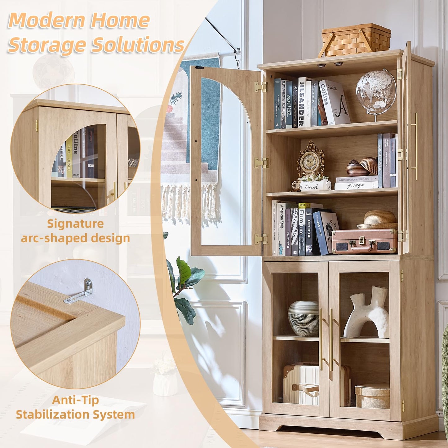 Joaxswe 72" Tall Bookshelf Set of 2, Farmhouse Bookcase with 3-Tier Adjustable Shelves, Modern Living Room Display Cabinet with Glass Doors, Large Storage Cabinet for Home Office,Dining Room, Natural