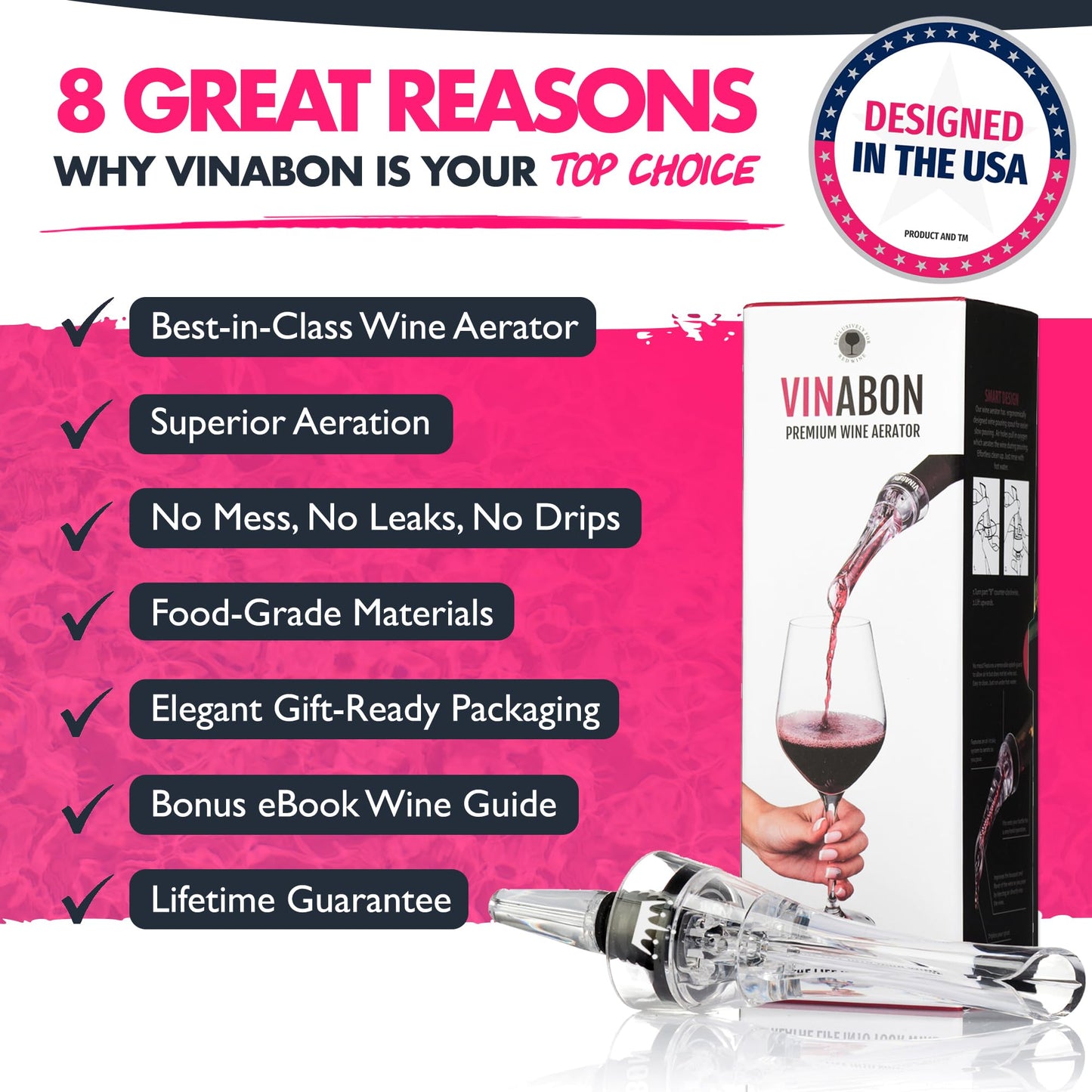 VINABON Wine Aerator Pourer Spout – Updated 2026 Professional Wine Aerator for Superior Flavor, Enhanced Bouquet & Rich, Smooth Finish. No-Leak, No-Drip, Spill-Free Design. Includes Wine Guide eBook