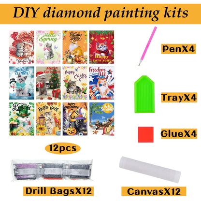 Sinmoe 12 Pieces Valentine DIY Diamond Art Kits 5d Cat Diamond Painting Kits for Adults Diamonds Paintings for Kid Parents Children Beginners, 12 x 16 Inch