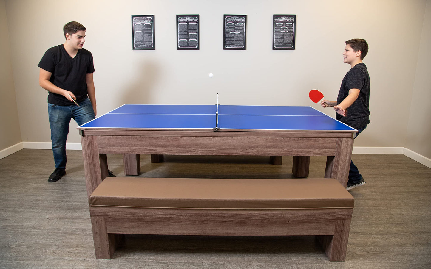 Hathaway Newport 7 Foot Dining Pool Table Combo with Game Accessories, & 2 Benches – Multifunctional Billiards Table with Ping Pong & Dining Top – Light Oak Finish, Chrome Accents, Red Felt