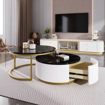 Merax 27.6" Modern Round Nesting Coffee Table Fluted with Drawer for Home Living Room, Black & Gold