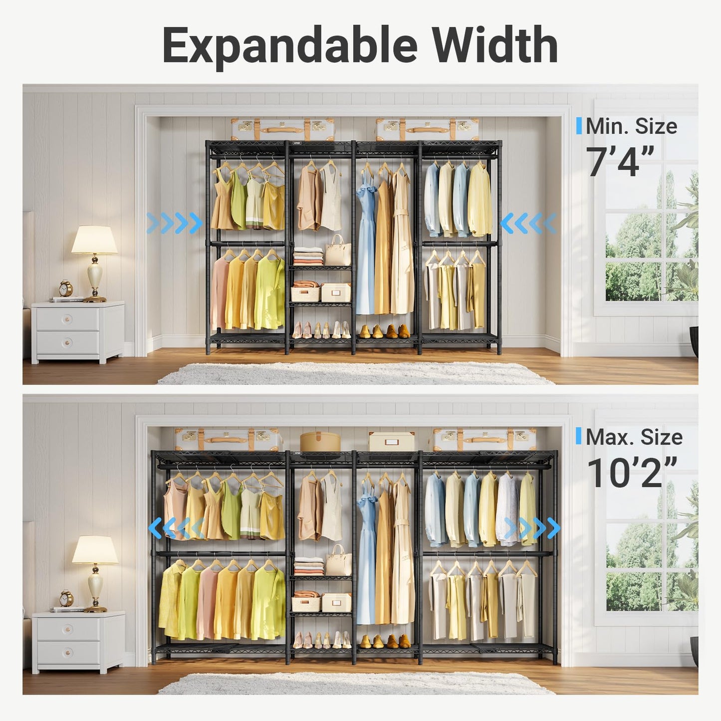 VIPEK X4 Expandable Heavy Duty Clothes Rack, Adjustable from 7'4" to 10'2" with Adjustable Shelves and Hanger Rods, Large Wardrobe Closet Reach-in & Walk-in Closet Metal Clothing Rack, 1530 LBS, Black