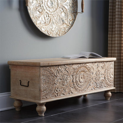 Signature Design by Ashley Fossile Ridge Boho Carved Wood Storage Bench with Hinge Top, Beige