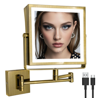 Ruacq Rechargeable Wall Mounted Makeup Mirror with Lights, Double Sided 1X/10X Magnifying Vanity Mirror with 3 Color Lighting, Touch Screen Dimmable, 360° Rotation Extension Foldable Arm(Matte Black)
