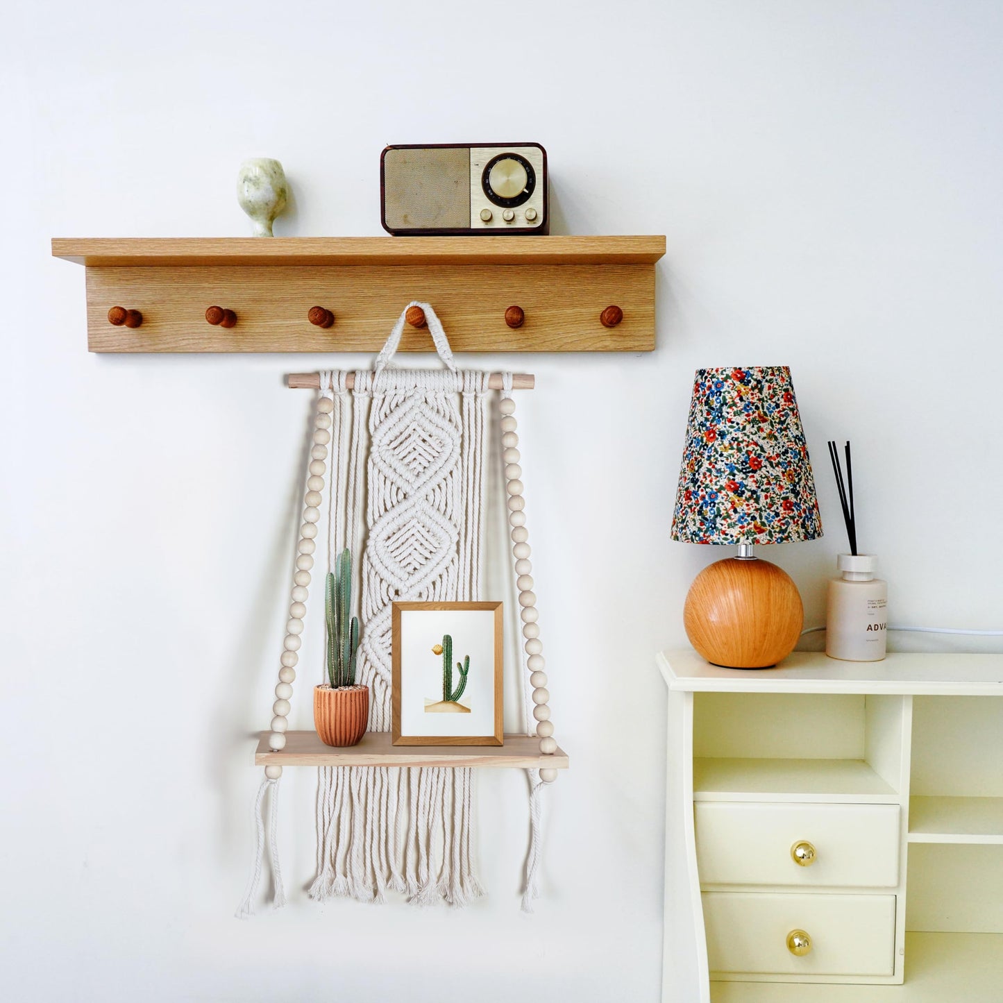 Wooden Macrame Wall Hanging w/Shelf & Sturdy Beaded Rope - Handmade Modern Living Room Decor - Macrame Wall Decor to Securely Hold Plants & More - Beautiful Boho Decorations for Interior Design