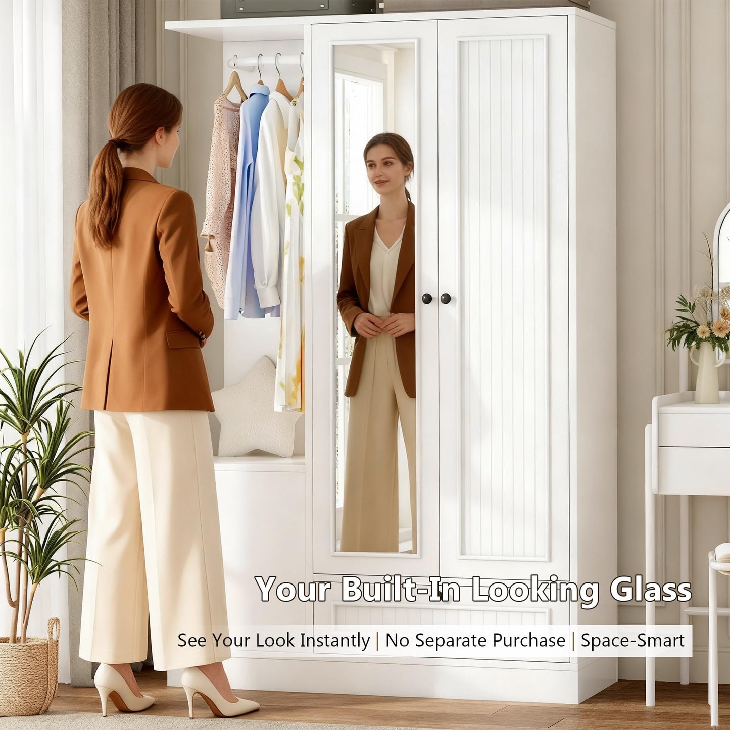 Feonase Armoire Wardrobe Closet with Mirror, Bedroom Armoires with 2 Doors, 1 Drawers and 3 Shelves, Large Clothing Storage Cabinet for Hanging Clothes, White