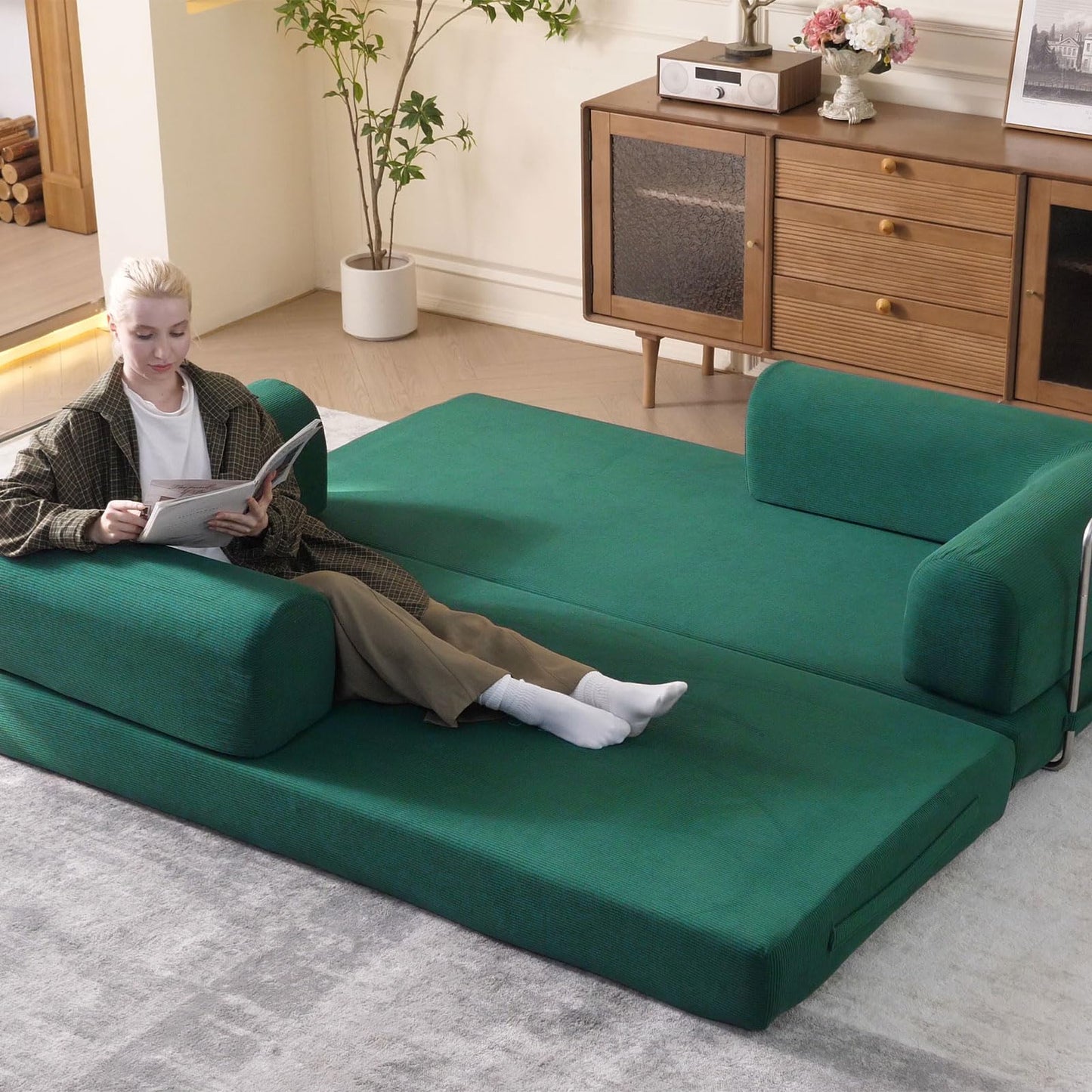 WHGBJA 79'' Convertible Sleeper Sofa Bed, 3-in-1 Foldable Floor Couch with Corduroy Upholstery, No Assembly Loveseat, Light Brown Lounge Mattress for Living Room, Studio, Guest Room (Light Green)