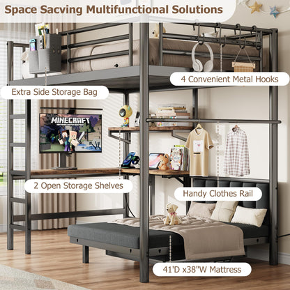 Twin Loft Bed with Matteress, Heavy Duty Metal Bunk Bed Frame with Pull-Out Folding Bed and Desk, Dual-Access Bed, Charging Station, 2-Tier Adjustable Shelves, Safety Guard Rail & Ladder (Dark Black)