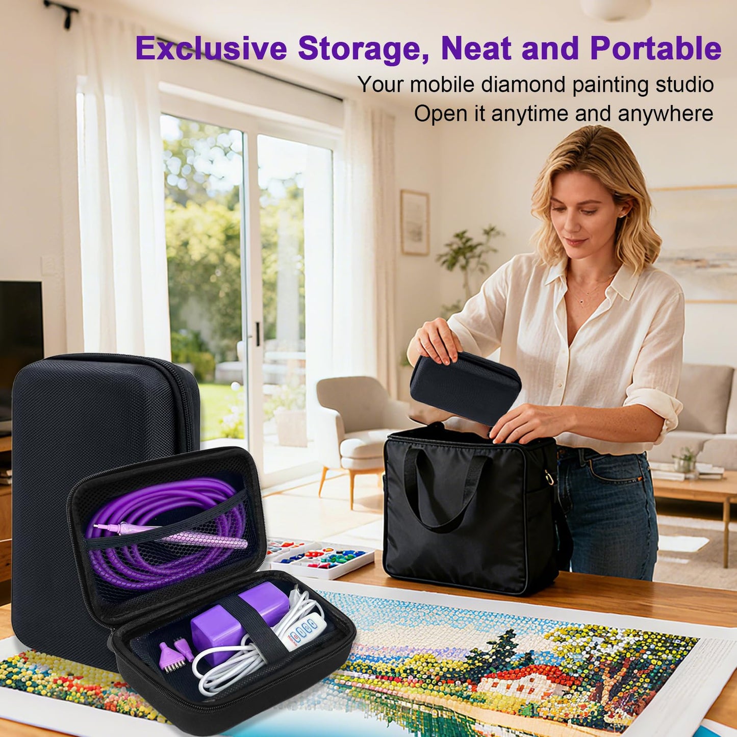 Electric Diamond Art Painting Pen with 3 Replacement Tips, Portable Storage Case & 2 Meters Tube, Ergonomic Diamond Art Pen with Adjustable Speed Setting, No Wax Needed for Faster Diamond Art