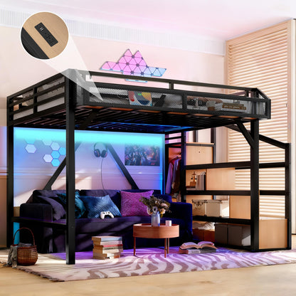 Bellemave Queen Metal Loft Bed with Storage Stairs, Shelves & Wardrobe, Queen Size Loft Bed Frame with LED Lights & USB Ports for Kids Teens, Noise-Reduced Design, Natural Wood