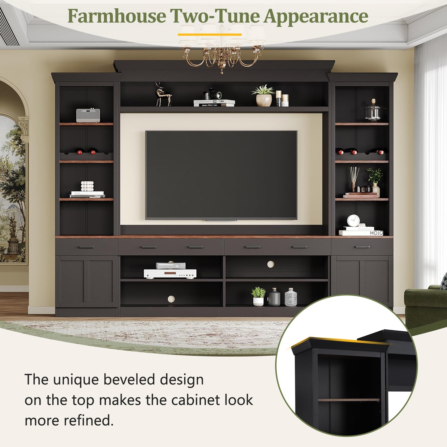Merax Minimalist Entertainment Wall Unit Set with Ample Storage Space and Adjustable Shelves, TV Stand for Televisions Up to 70'', Mid-Century Large Media Console with Wine Rack for Living Room, Black