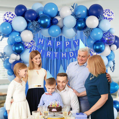 Blue Birthday Decorations for Women Men with Metallic Pastel Navy Blue Confetti White Foil Balloons Fringe Curtain Banner for 1st 15th 16th 18th 21st 25th Men Birthday Decorations