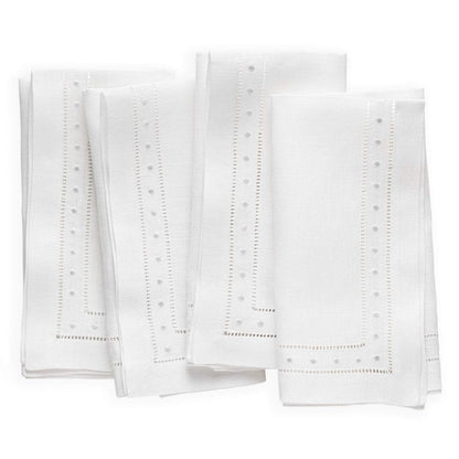 Linen Napkins Set of 4-100% Flax Linen White Dinner Napkins with Embroidered Dot 18 x 18 inch - Hemstitch Cloth Napkins Washable for Summer, Father's Day, 4th of July and Wedding