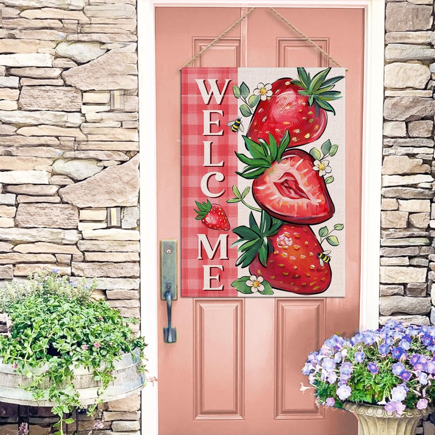 Welcome Spring Summer Strawberry Decorative House Flag, 28 x 40; Red Fruit Plaid Check Farmhouse Garden Yard Outside