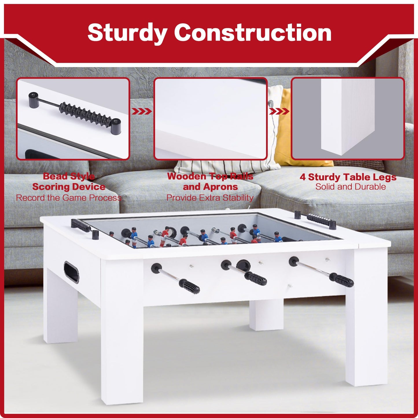 RAYKEEP Foosball Coffee Table, 2-in-1 Soccer Game Table and Coffee Table, Modern Multi Game Table with 2 Balls, Tempered Glass, for Living Room, Family Entertainment Center (White)