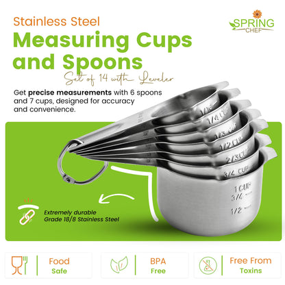 Spring Chef Stainless Steel Measuring Cups and Spoons Set of 14 with Leveler, Nesting Kitchen Metal Measuring Cups and Spoons Set for Dry and Liquid Ingredients, Perfect for Cooking & Baking