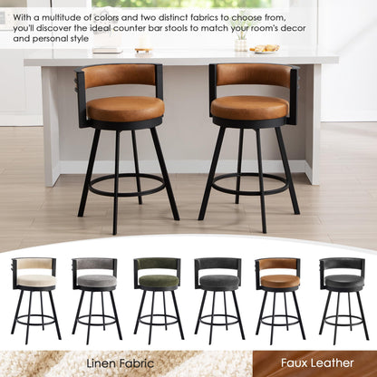 ONEVOG Swivel Counter Bar Stools Set of 2, 26.6 inch Seat Height Modern Barstools with Back and Metal Legs, Upholstered Funky Kitchen Island Chairs for 36"-40" Counters, Faux Leather Padded, Brown
