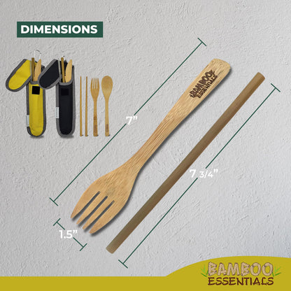 Travel Utensils with Case Set Fork, Knife, Spoon, Chopsticks, Straw, Straw-cleaning brush, Travel Pouch and Carabiner, Excellent For Everyday Use! ((2 Sets) Midnight Black/Sunrise Yellow)