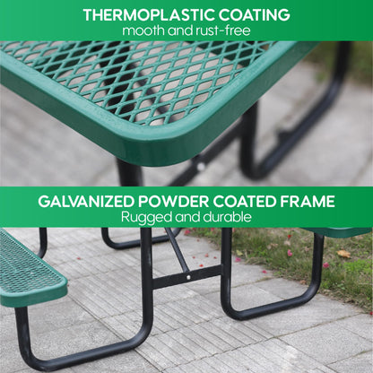 6FT Metal Picnic Tables for Outdoors, Commercial Rectangular Picnic Table and Bench Set for Outside, Patio, Garden, Backyard, Porch, Surface Mount, Green