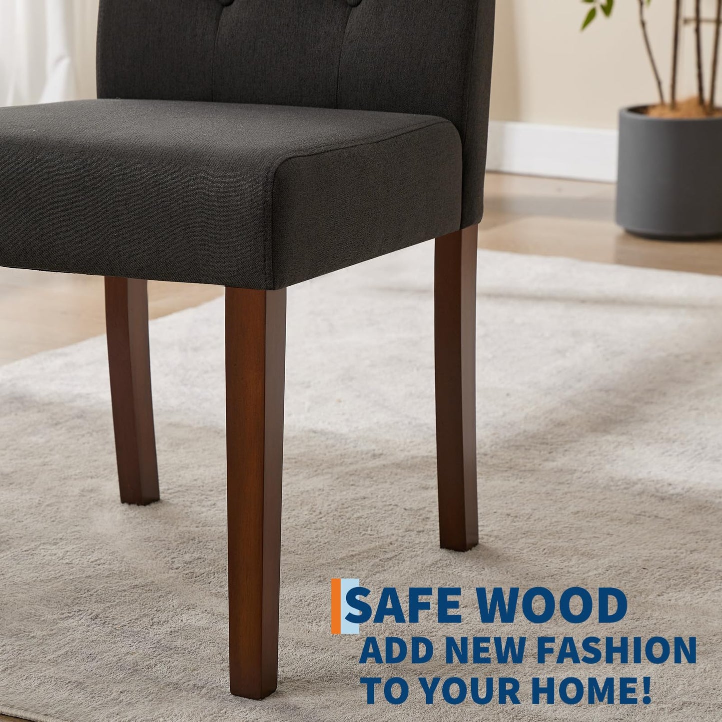 IDEALHOUSE Dining Chairs Set of 6, Linen Fabric Upholstered Parsons Chairs with Rubberwood Legs, Comfortable Padded Seat Kitchen, Dining Room Side Chairs, Living Room Black