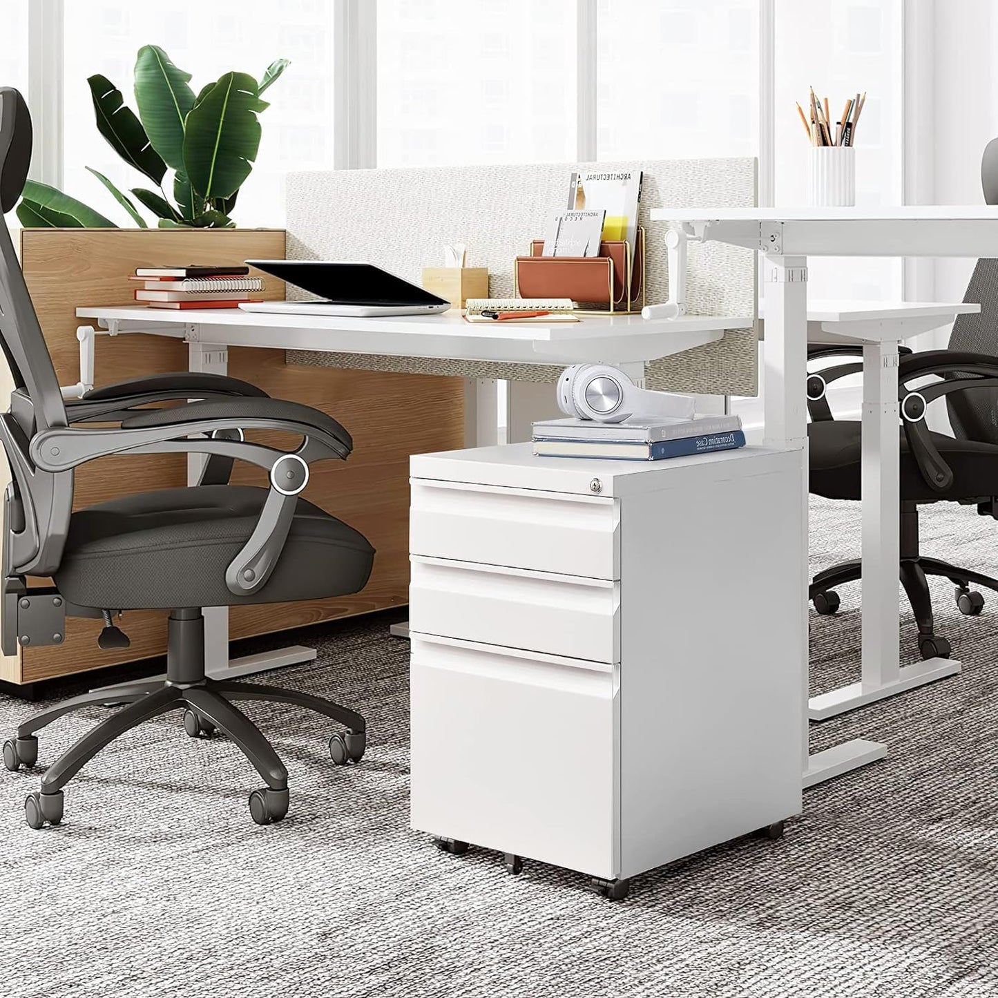 Oasecrilio Filing Cabinet 3 Drawer, Locking File Cabinets for Home Office, Mobile Filing Cabinet for A4/Letter/Legal Size File Folders, Fully Assembled, Matte White