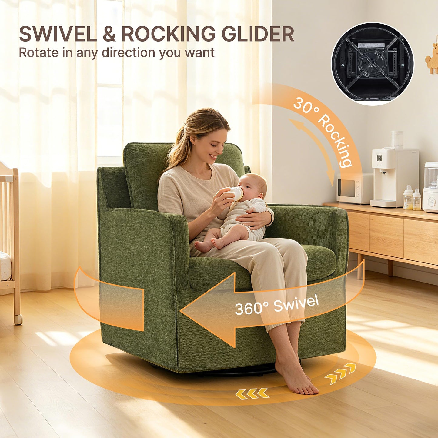 KISLOT Swivel Accent Chair Rocking Recliner 360 Degree Swivel Armchair Machine-Washable Cover for Nursery Living Room Bedroom