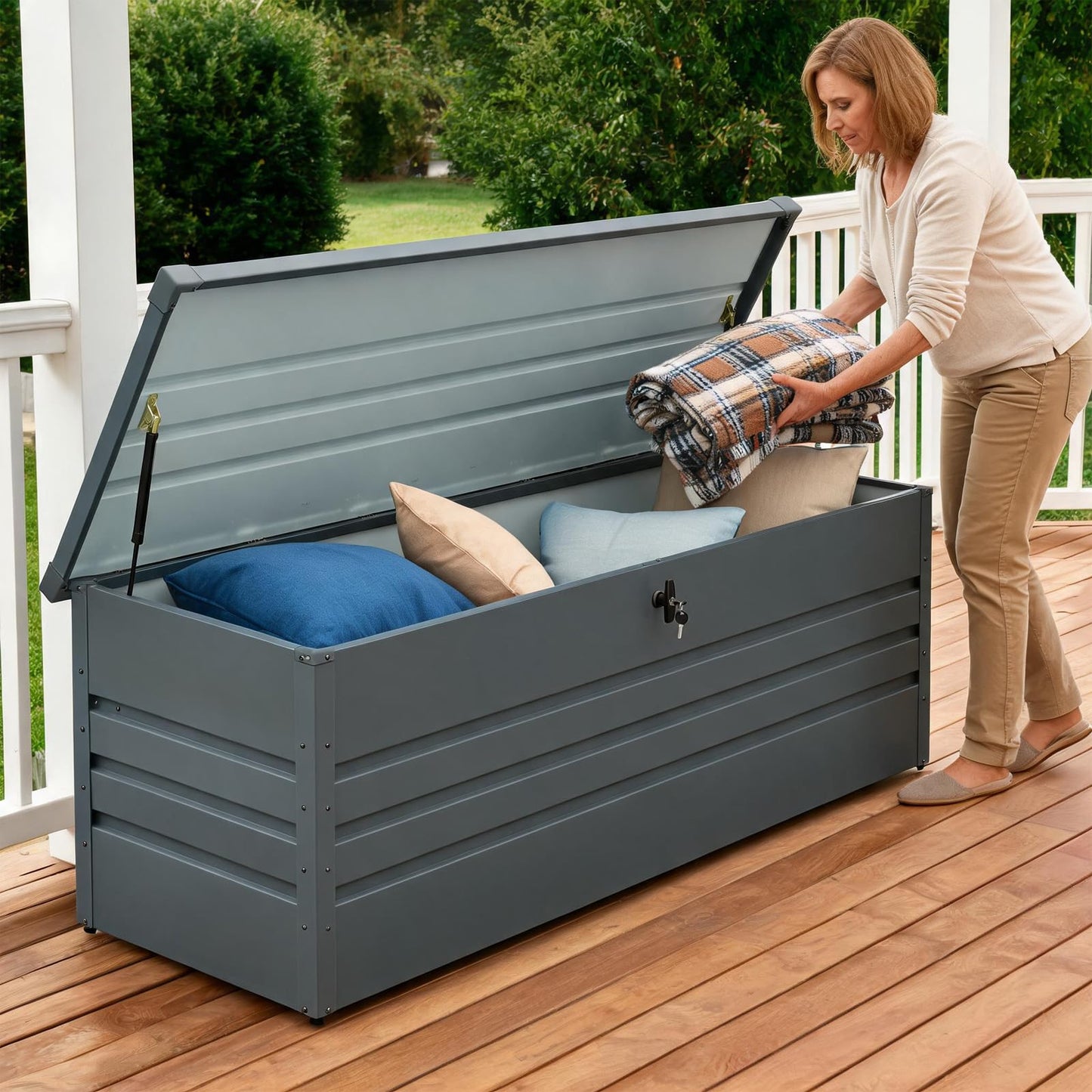 Zolyndo 260 Gallon Waterproof Metal Deck Box, Extra Large Outdoor Storage Box with Hydraulic Lid for Outside Patio, Cushions, Garden Tools, Pool Supplies (Black)