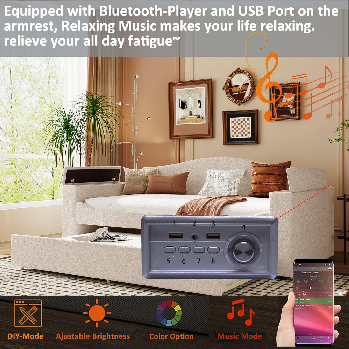 Twin Upholstered Daybed with Storage Armrests, Trundle and Latest Integrated Bluetooth Audio System