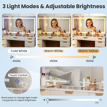 Pamapic Glass Top Vanity Desk with Mirror and Lights, 11 Drawers Makeup Vanity with Charging Station and Chair, Golden Handles Dressing Table, 3 Lighting Modes Makeup Table, White