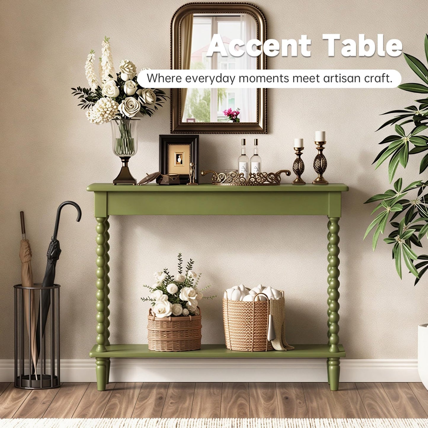 NKGIAG 45'' Vintage Console Table, 100% Solid Wood Tall Entryway Table with 2-Tier Storage for Entrance, Hallway, Foyer, Living Room, Narrow Couch Table Behind Sofa, Minimal Assembly, Green