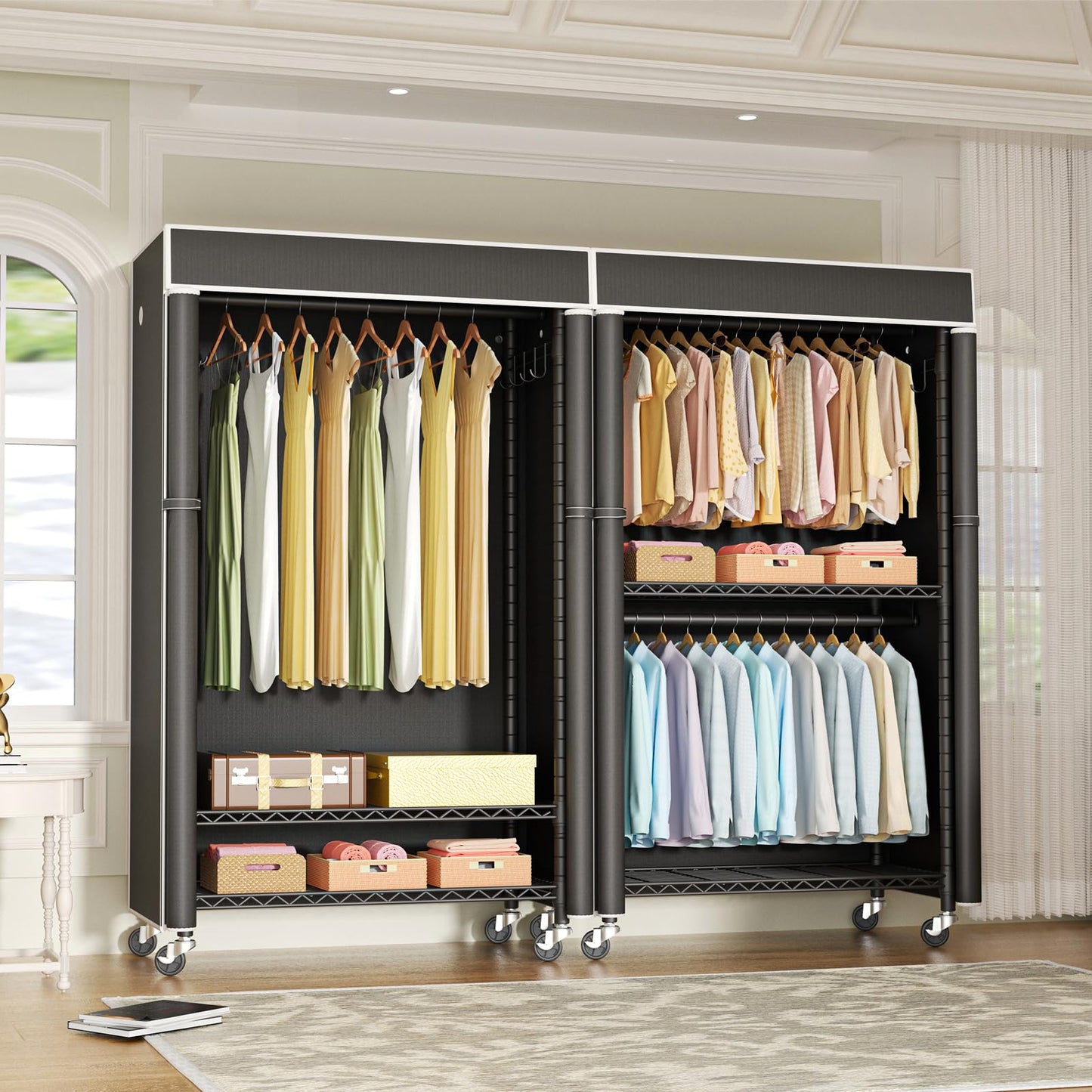FUTASSI Clothing Rack with Cover, P1C Rolling Closets with Wheels, Metal Garment Rack for Hanging Clothes, Clothing Storage Wardrobe with Cover, 36.2" W x 16.5" D x 80.5" H, Black, Load 450 Pounds