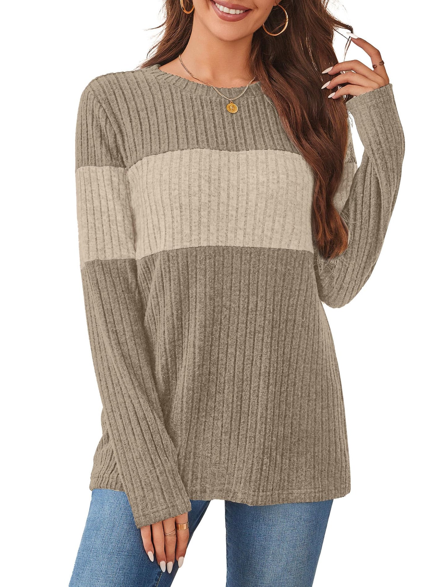 WIHOLL Womens Sweaters Trendy Color Block Tops Long Sleeve Shirts Fall Outfits Early Fall Fashion 2025 Winter Clothing