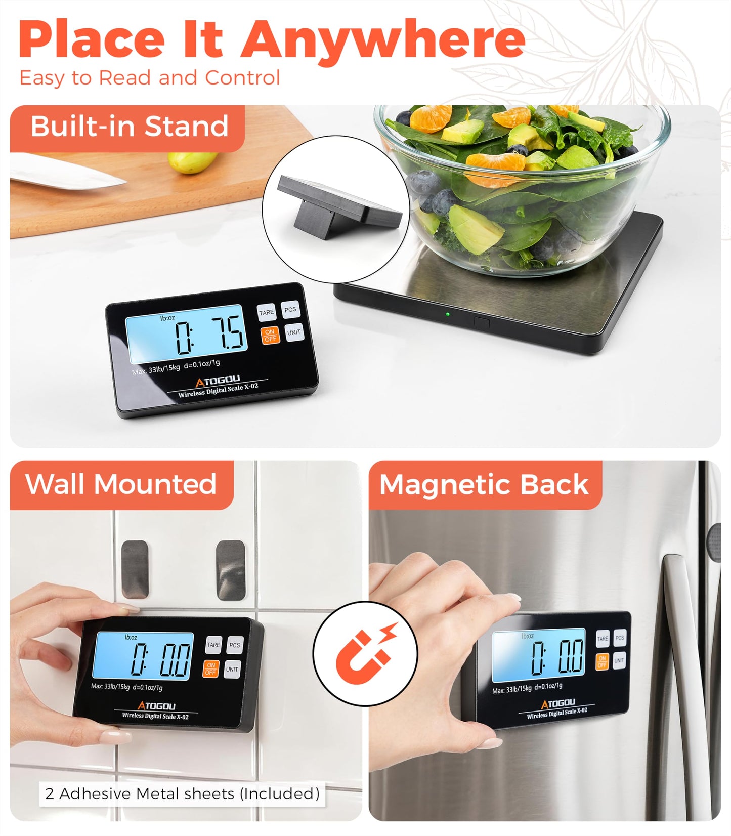 Atogou Upgraded Wireless Food Scale, 33lb/15kg Kitchen Scale with Detachable Display & Larger Platform, 0.1oz/1g, 9 Units, Counting Function, Stainless Steel, for Cooking, Baking, Shipping, Silver