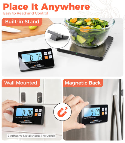 Atogou Upgraded Wireless Food Scale, 33lb/15kg Kitchen Scale with Detachable Display & Larger Platform, 0.1oz/1g, 9 Units, Counting Function, Stainless Steel, for Cooking, Baking, Shipping, Silver