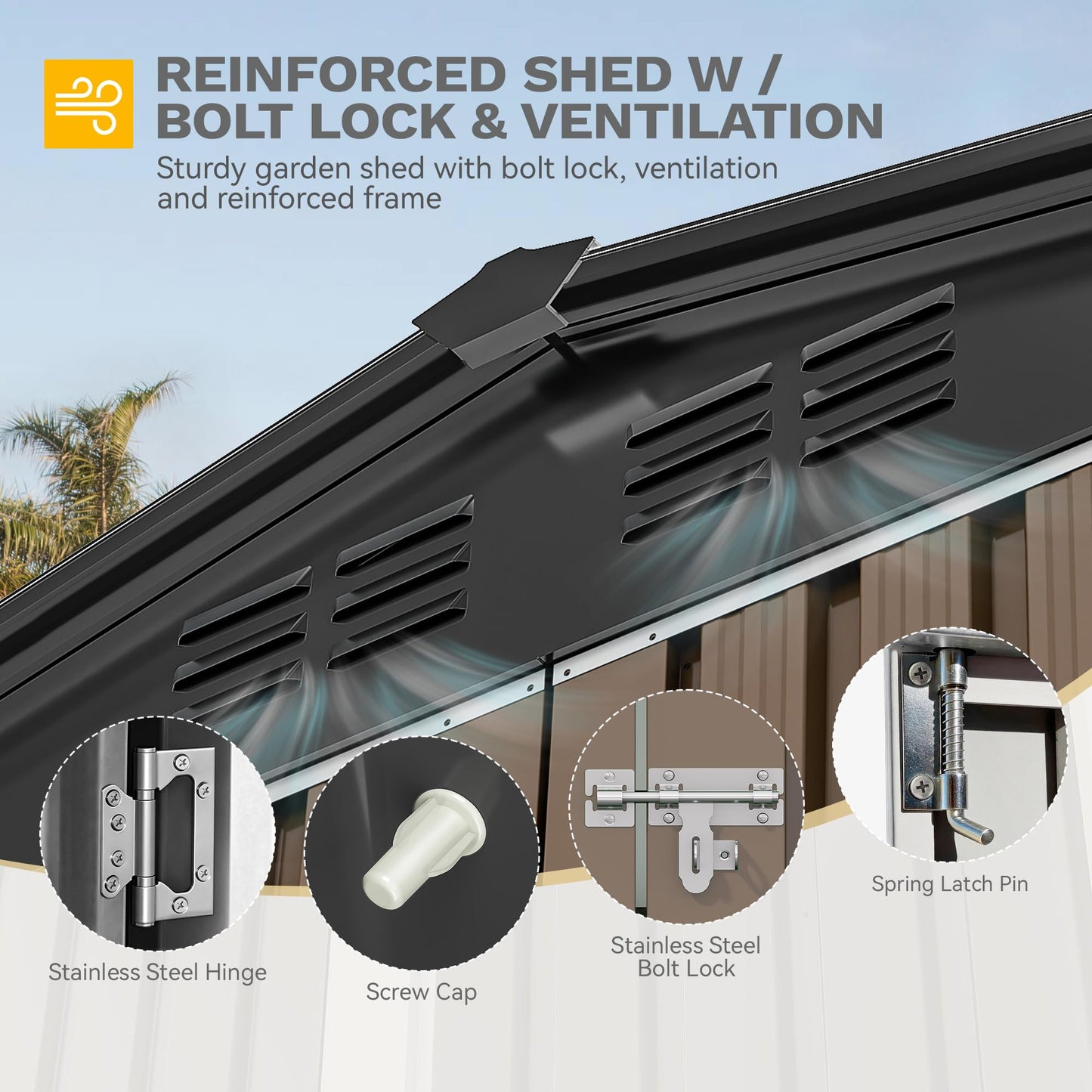 DWVO 7x5ft Metal Outdoor Storage Shed, Waterproof Tool Shed Heavy-Duty Storage Unit with Lockable Door and Vents, Ideal for Bicycles, Tools, Lawnmowers, Backyards, Patios, Lawns - Brown
