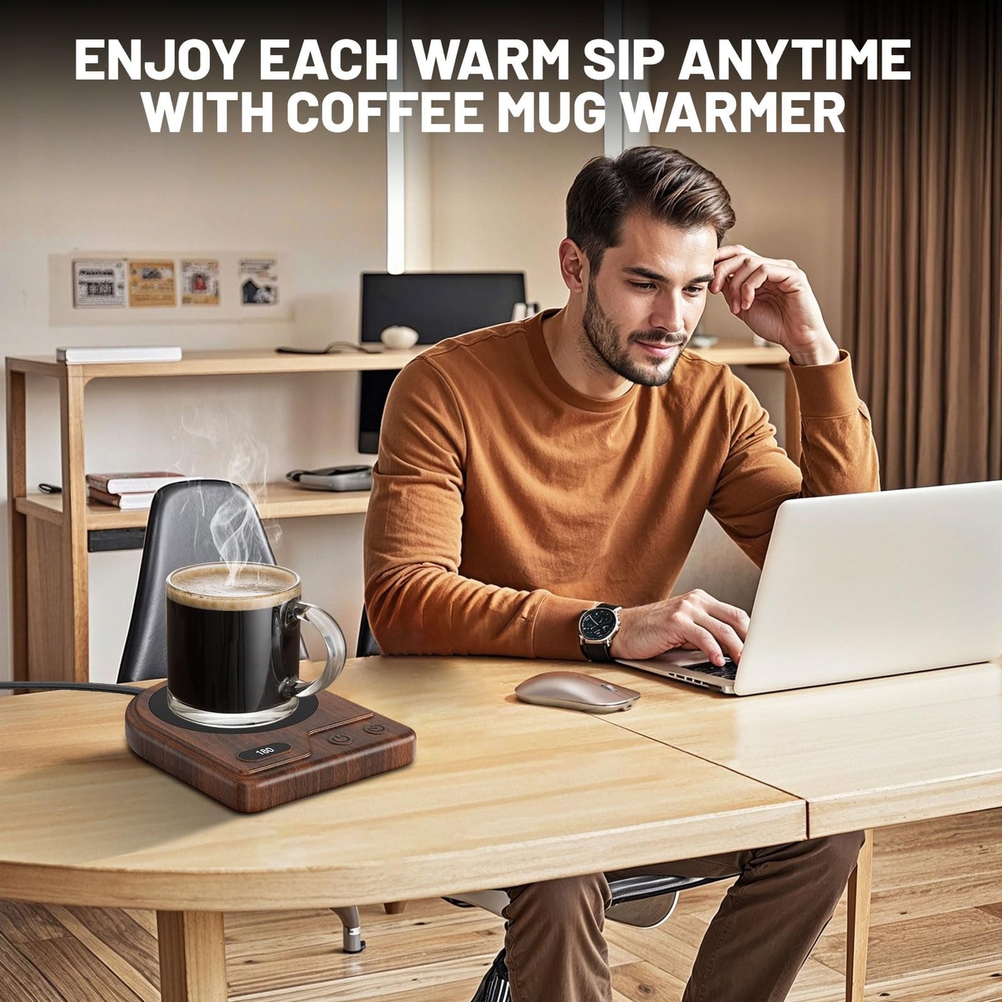 Mug Warmer, Coffee Mug Warmer with 3 Adjustable Temperature Settings, Coffee Warmer 2-12 Auto Shutoff, Digital Display Coffee Cup Warmer for Desk, Wood Grain Texture Mug Warmer for Desk Gift Choice