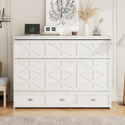 Merax Queen Size Murphy Bed Cabinet with Charging Station and Storage Drawer, Wooden Foldable Platform Bed Frame for Home Office Small Room, White