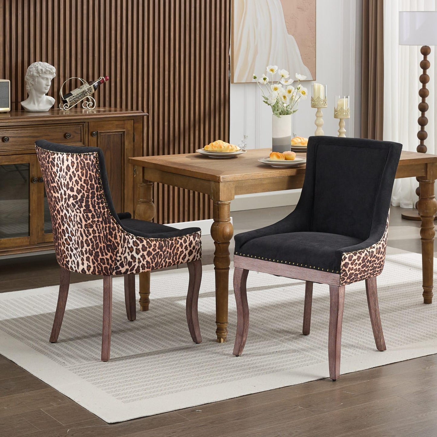 Upholstered Dining Chairs Set of 2,Mid Century Modern Dining Room Chairs with Solid Wood Frame Bronze Nail Head,Armless Accent Chair for Living Room Kitchen Restaurant 36.4" H Leopard