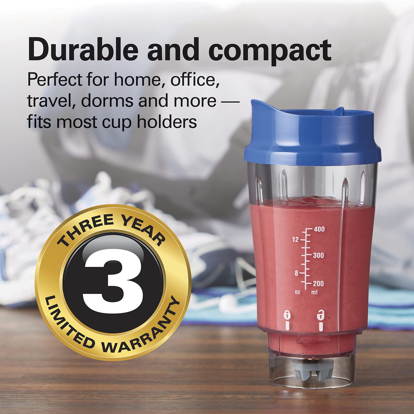 Hamilton Beach Portable Blender for Shakes and Smoothies, 14 Oz BPA Free Travel Cup & Lid, Durable Stainless Steel Blades, Personal Smoothie Blender, Raspberry, 51131G