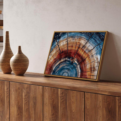 BingruiArt Framed Tree Ring Wall Art Blue and Red Boho Wall Decor Nature Print Wood Canvas Rustic Artwork Abstract Painting Modern Picture for Living Room Bedroom Bathroom 12"x16" Natural Framed(01)